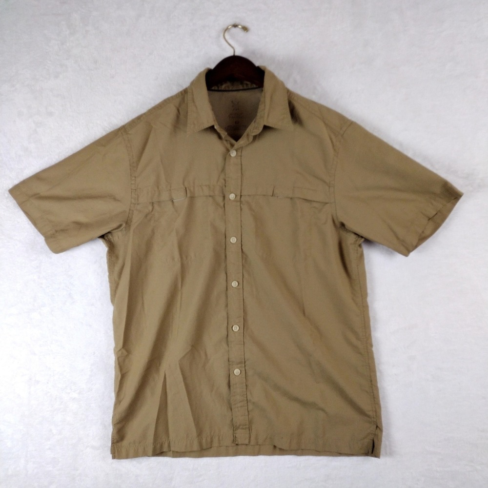 ExOfficio Air Strip Mens Medium Tan Short Sleeve Ventilated Ripstop Hiking Shirt